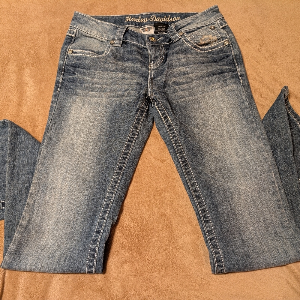 Authentic Harley-Davidson® Stylish Blue Jeans with Embellished Rhinestone Size 4 - Picture 7 of 16